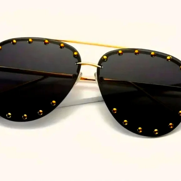 Black & Gold Studded Aviator Unisex Sunglasses - Picture 2 of 5